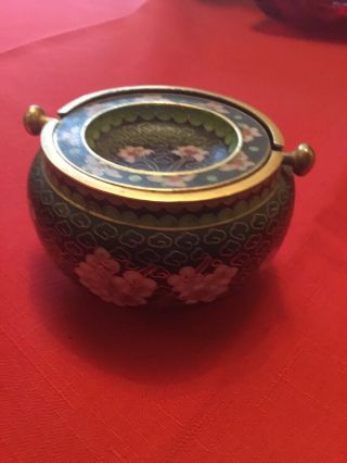 Chinese Cloisonne Bowl With Lid Black With Pink Flowers & Gold