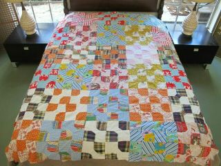 Vintage Feed Sack Hand Pieced Bow Tie Octagon Quilt Top W/ Sailor Novelty & More