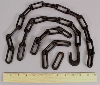 Antique American Carved & Painted Folk Art Wood Chain & Hook,