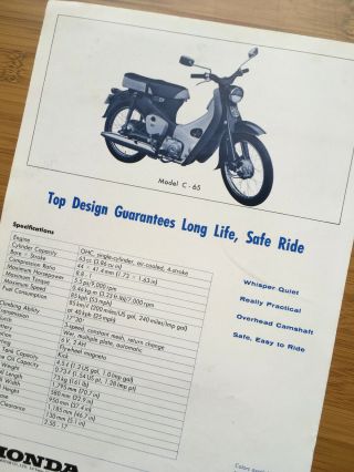 Rare brochure HONDA C 65 cub motorcycle vintage barn find parts classic 1965 2