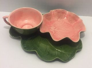 Rare Lily Pad And Lotus Green & Pink Snack Plate Set With Cup & Bowl