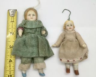 2 Antique Miniature Bisque Dollhouse Doll,  Jointed Arms & Legs Molded Hair,