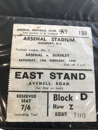 Arsenal - Early Rare Post War Ticket - League V Burnley 14th Feb 1948