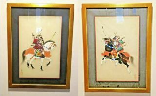Antique Japanese Signed Paintings On Silk Samurai Framed - Set