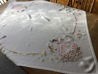 Vintage Hand Embroidered Crinoline Lady Tablecloth 38” X 40”