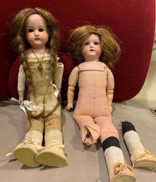2 Antique 14”german Dolls Bisque Head - Am370 8/0 - Heubach275.  11/0 - Repair Or Parts