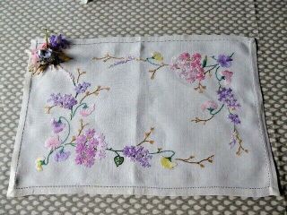 Vintage Hand Embroidered Tray Cloth - Sweet Peas & Pink/ Lilac Blossom