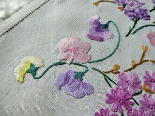 VINTAGE HAND EMBROIDERED TRAY CLOTH - SWEET PEAS & PINK/ LILAC BLOSSOM 2