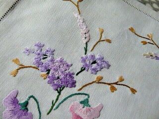VINTAGE HAND EMBROIDERED TRAY CLOTH - SWEET PEAS & PINK/ LILAC BLOSSOM 3