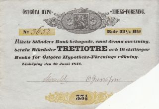 16 Skillingar Fine Cut Cancelled Banknote From Sweden 1846 Very Rare