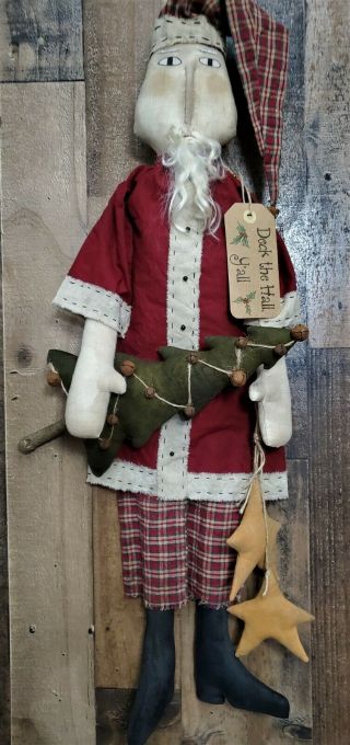 Primitive Santa Christmas Folk Art Cloth Doll With Tree And Stars 28 " Tall
