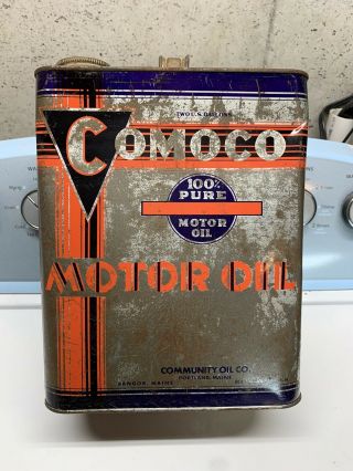Vintage Rare 2 Gallon Comoco Motor Oil Can Community Oil Co.  Portland Maine Nr