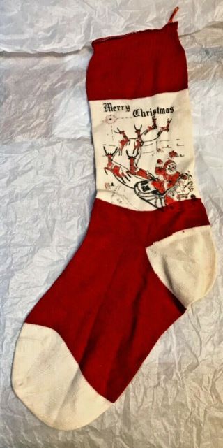 Antique Vintage Red & White Cotton Merry Christmas Stocking Santa Sled Reindeer
