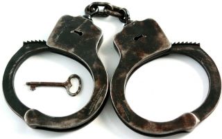 Antique Peerless 1915 Blue Black Handcuffs Police Prison Restraints Key Old