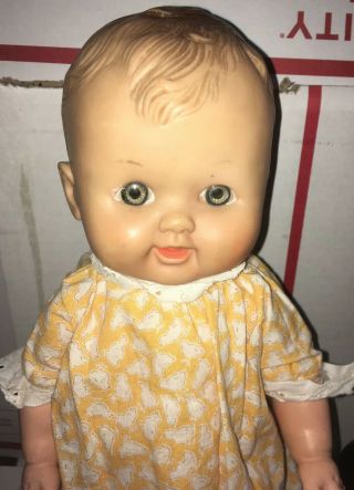 Vtg Doll Early Ideal? Baby Cries When Head/tummy Squeezed 14 " Molded Head/hair