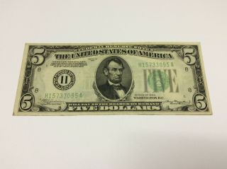 1934 $5 Federal Reserve Note " H 15733095 A " $5 Dollar Bill - Rare -