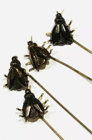 Antique Art Deco Gilt Metal Czech Glass Bug Stickpins