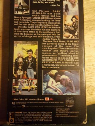 Sid and Nancy VHS RARE OOP INDIE CULT Gary Oldman Chloe Webb Alex Cox 2