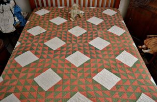 Antique 19th C Red & Green Oceans Wave Hand Stitched Quilt 2