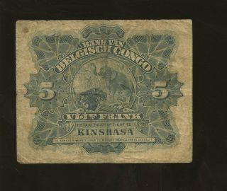 Belgian Congo 5 Francs 19.  03.  1919 Kinshasa Pick 4,  Vf Rare