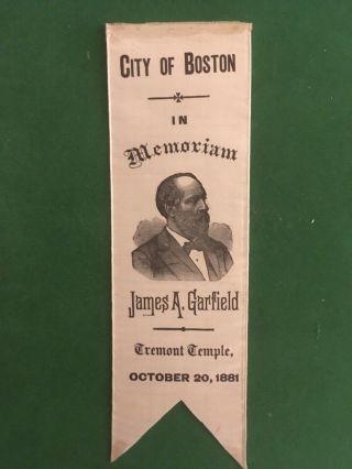 Rare 1881 James Garfield Tremont Temple Memorial Boston Silk Portrait Ribbon