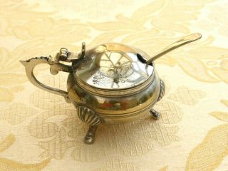 Vintage Silver Plated Round Footed Salt Pot With Hinged Lid & Spoon 1400984/986