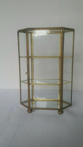 Vtg Brass & Clear Glass Display Curio Case Cabinet For Miniatures
