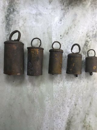 5 Antique Hand Forged,  Riveted,  Metal Goat Sheep Cow Bells Vintage Farm