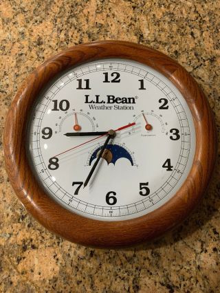 Ll Bean Wall Clock Thermometer Hygrometer Moon Phase Rare 11.  25 " Wood
