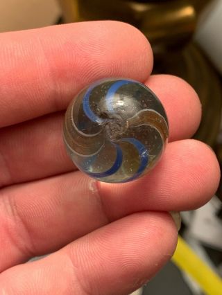 Rare Vintage Hand Made German Glass Banded Lutz Marble 15/16” Blue Gold Swirls