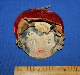 Antique Vtg Girl In Bonnet Pin Cushion Hand Painted