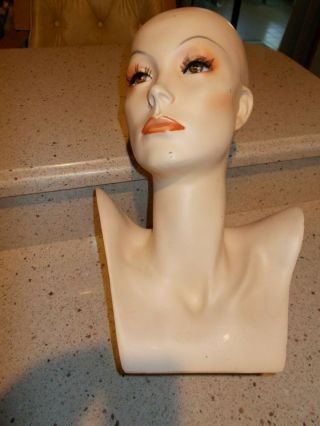 Vintage Female Fiberglass Mannequin Head Bust For Wigs Hats With Eyelashes 16”