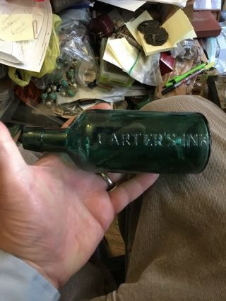 Rare Size Antique Carters Green Glass Master Ink Bottle