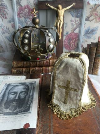 19thc Antique French Hand Embroidered Silk Religious Ciborium Veil Crucifix