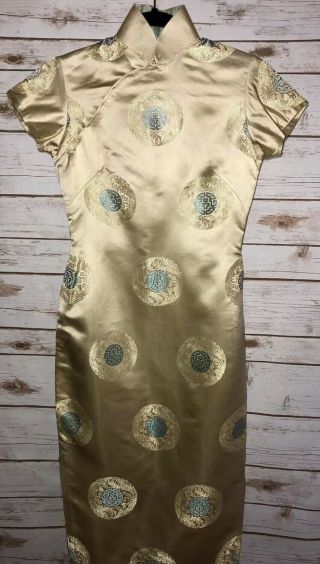 Antique 1900 Qipao Cheongsam Silk Brocade Medallion Banner Dress Gold Vintage 2