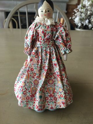 Antique Grodnertal Jointed Peg Wooden Doll Dressed Cotton And Lace