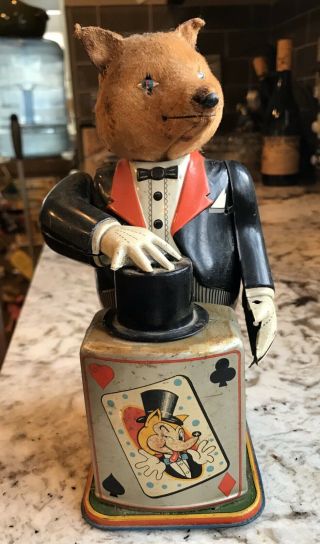 Vtg Rare T.  N Nomura Japan " The Great Magician " Tin Wind Up Fox Toy