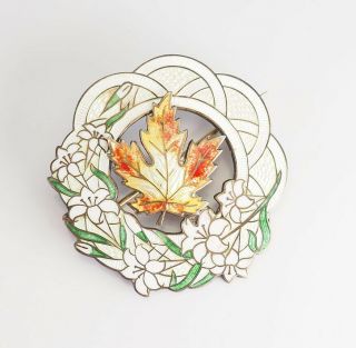 Antique White Enamel Sterling Silver Floral Canada Maple Leaf Brooch Pin