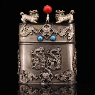 Collectable Handwork Miao Silver Carve Dragon Lion Inlay Agate Old Toothpick Box