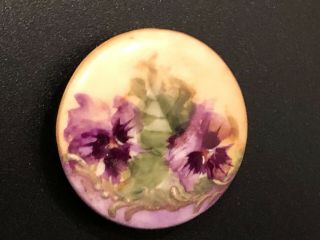 Antique Victorian Hand Painted Porcelain Stud Button,  Pansies,  Floral,  Large