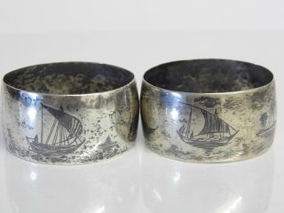 An Exquisite Vintage Siam Solid Silver Niello Decorated Napkin Rings