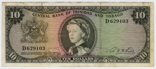 Trinidad And Tobago 1964 Qn.  Elizabeth $10 Dollars Banknote Rare Vf.  Pick 20b.