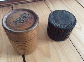 2x Vintage Treen Wooden Cylinder Decorated Lidded Trinket Boxes,  2” Dia