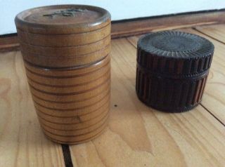 2x Vintage Treen Wooden Cylinder Decorated Lidded Trinket Boxes,  2” Dia 2