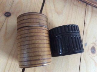 2x Vintage Treen Wooden Cylinder Decorated Lidded Trinket Boxes,  2” Dia 3