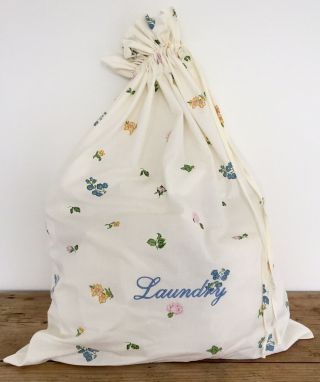 Vintage Hand Embroidered Laundry Bag Shabby Chic Floral Print