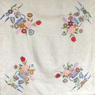 Vintage Hand Embroidered Linen Tablecloth Vase Of Flowers 84x84cm