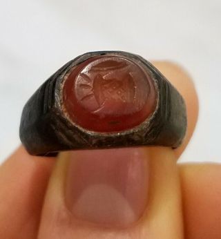 Ancient Bronze Roman Legionary Ring Gemstone Carneol Gladiator Attributes 19.  5mm