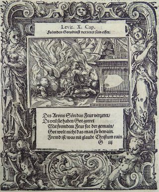 1576 Tob Stimmer 2 Woodcuts Death Of Nadab And Abihu Leviticus Mannerist Borders