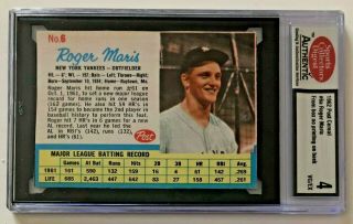 1962 Post Cereal Roger Maris Scd 4 Psa Rare Real Card